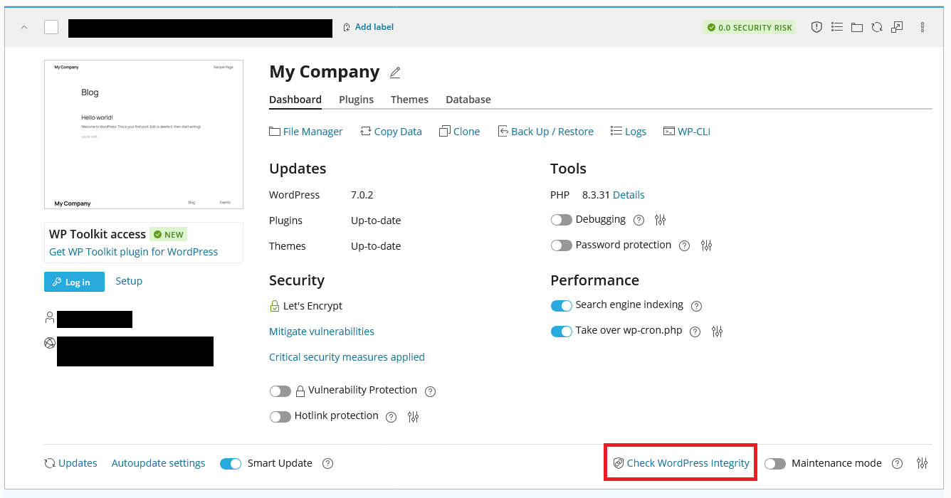 WordPress Management check integrity option