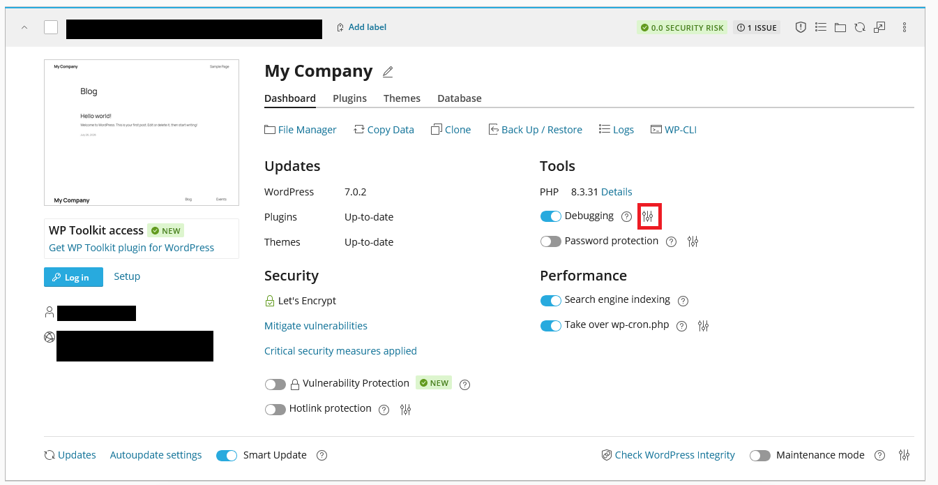 Debug Configuration in WordPress Management