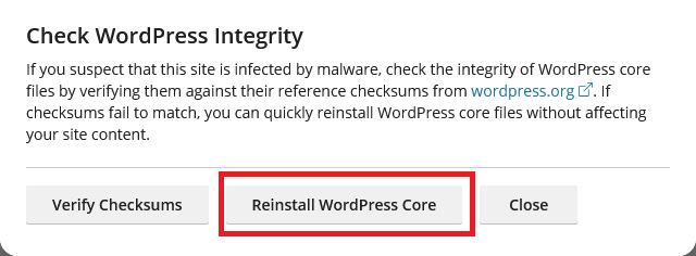Check WordPress Integrity popup