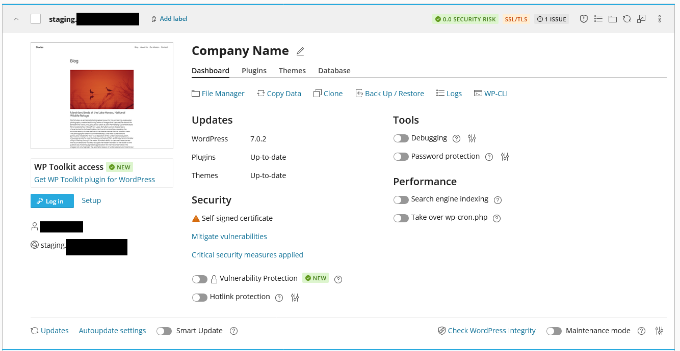 Clone listed in WordPress Management dashboard